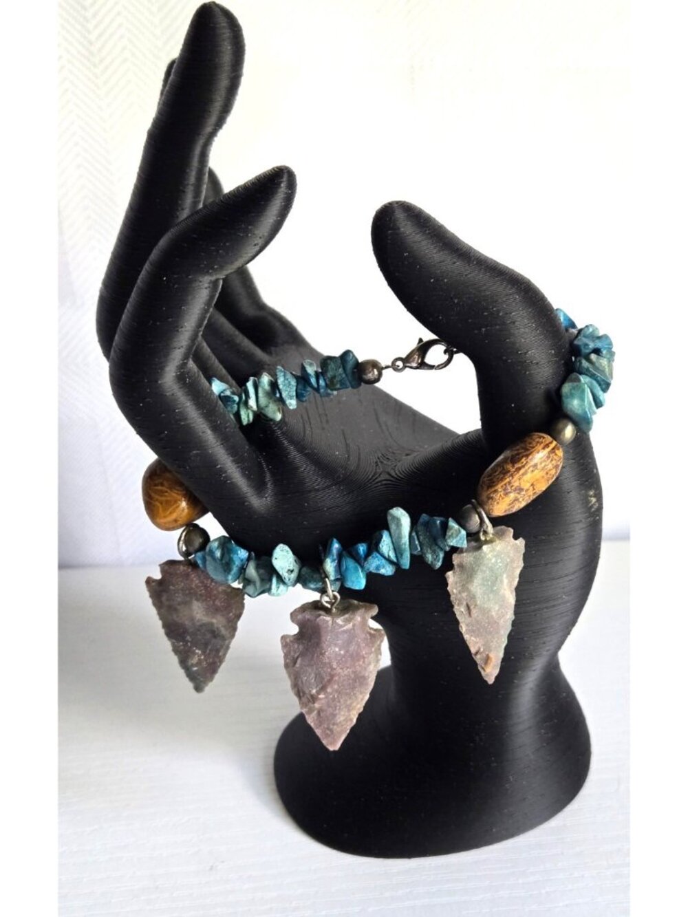 Mens Women Blue and Brown Stones 3 Arrowheads Bracelet Lobster Clasp 28 grams - Picture 2 of 9